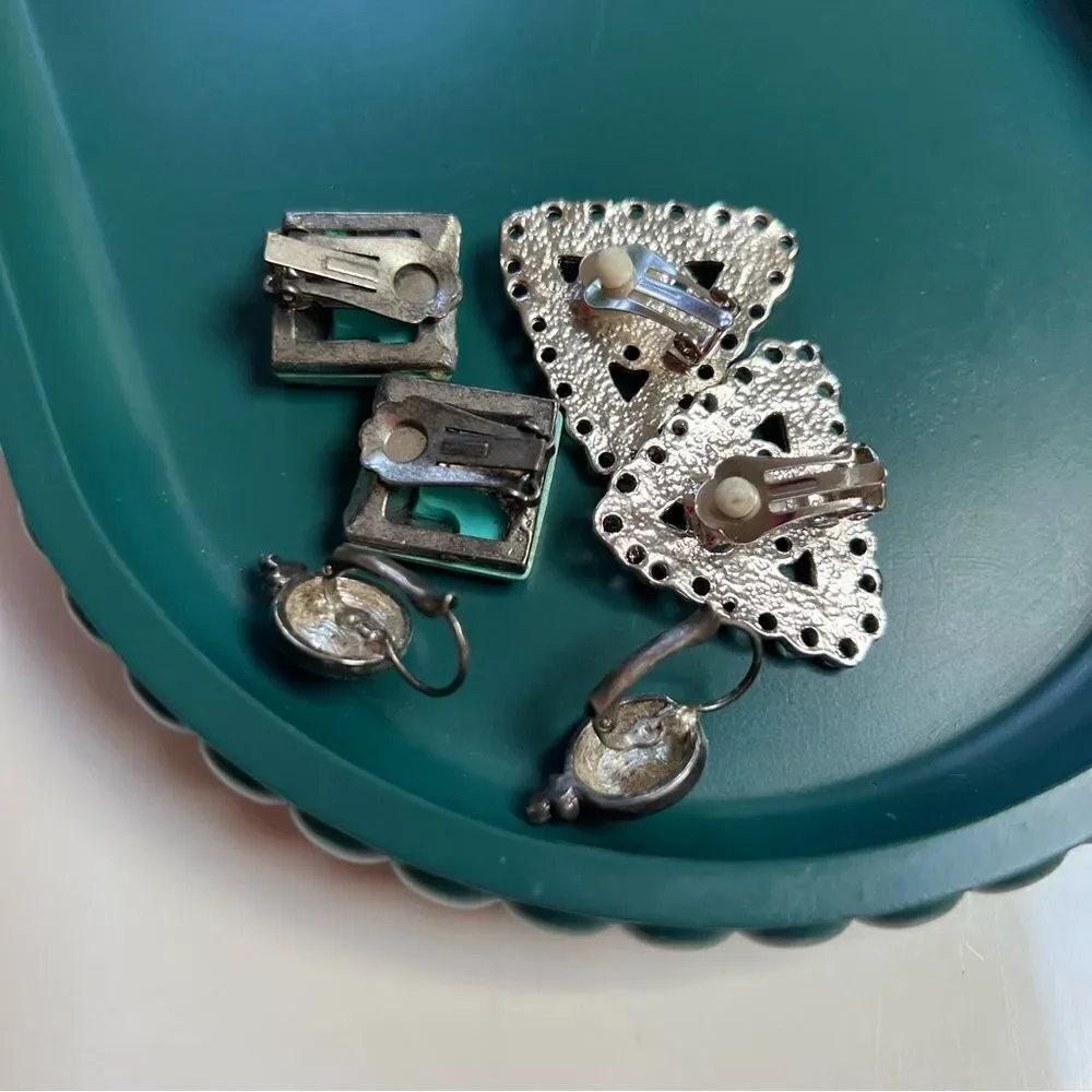 Vintage 3 Pairs Southwestern Navajo Turquoise Silver Toned Collar Clips Earrings